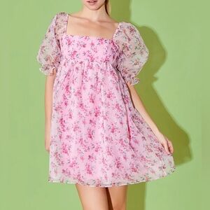 Endless Rose, Pink Floral Organza Baby Doll Mini Dress, Size M | 1839. Nwot